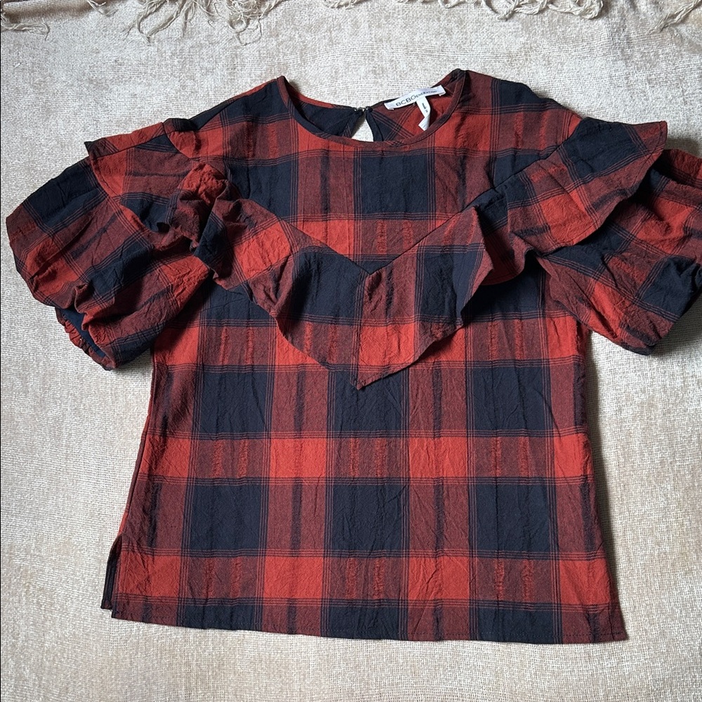 BCBG Ruffled Short Sleeve Women’s Plaid Top